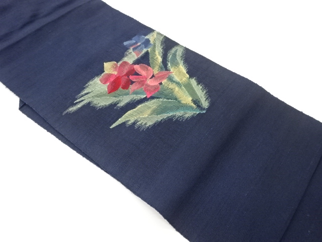 手織り紬花葉模様織出し名古屋帯